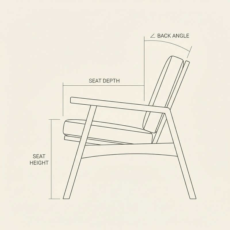 Chair diagram showing customizable seat height, seat depth, and back angle
