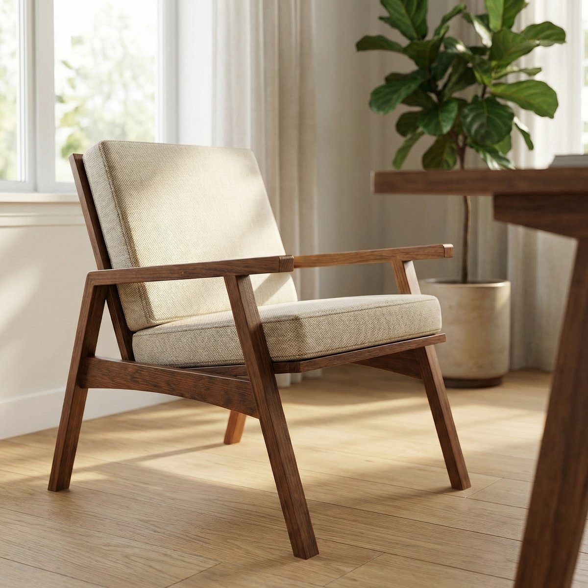 The Embrace chair — a mid-century modern lounge chair with walnut frame and cream upholstery